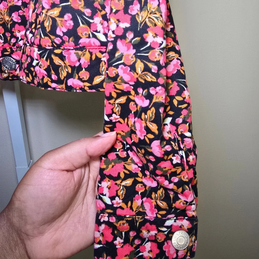 Social Standard by Sanctuary Girls Floral Denim Jacket Pink Orange Black Size 8